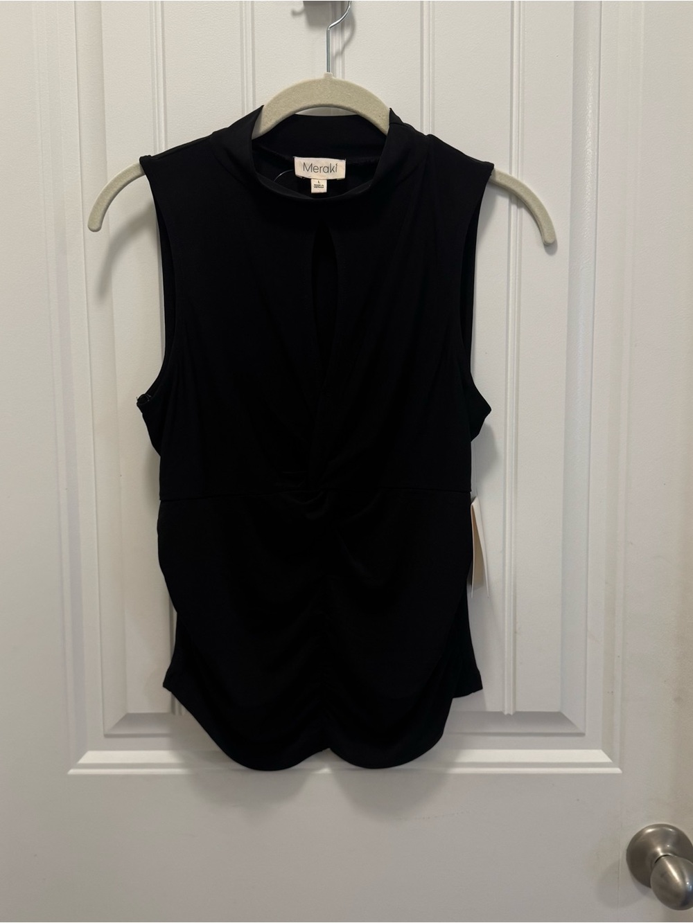 NWT Meraki Women Black Sleeveless Top Mock Neck Keyhole Cutout Twist Front Sz L